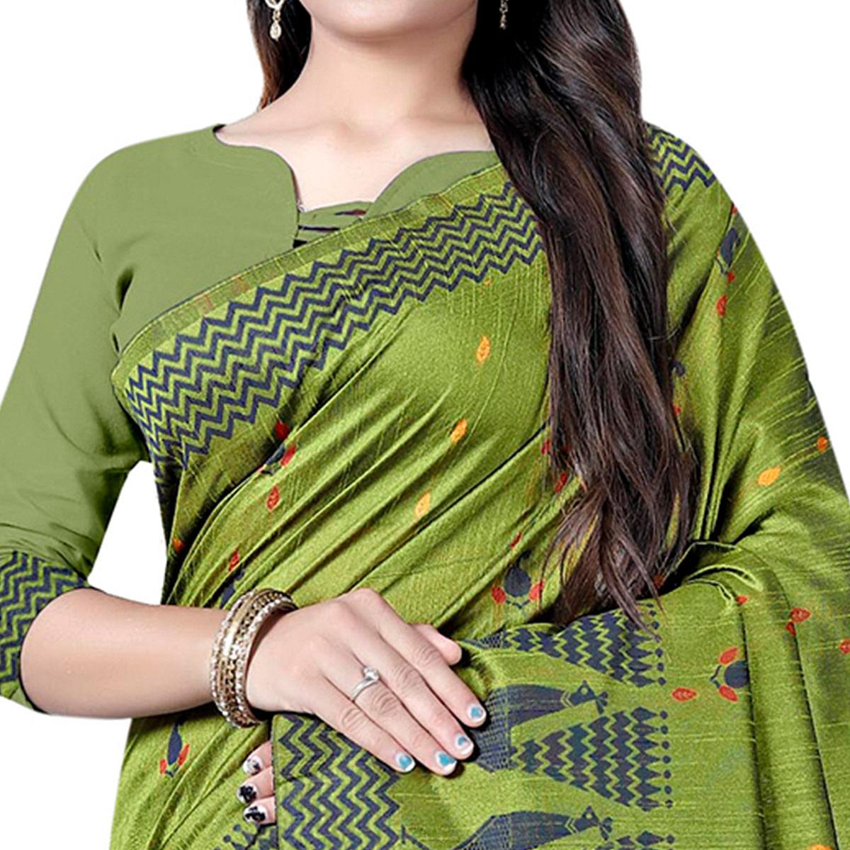 Flirty Green Colored Festive Wear Printed Cotton Saree - Peachmode