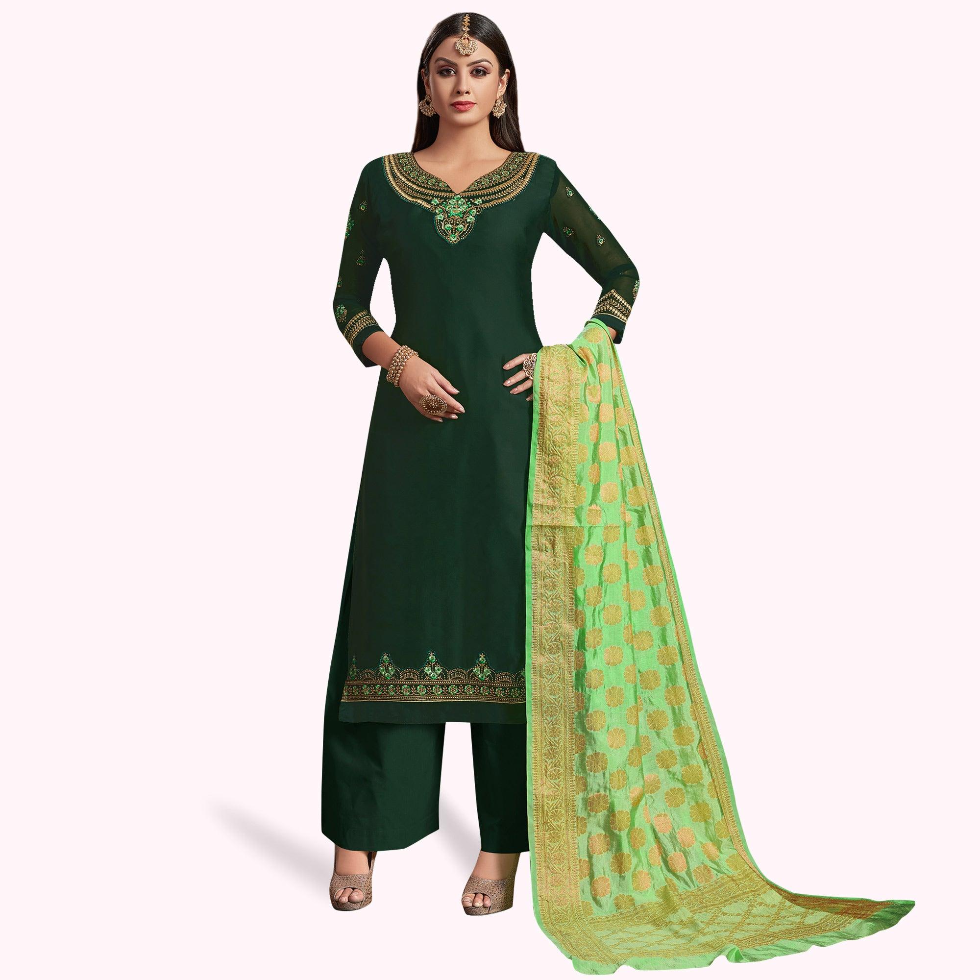 Flirty Green Colored Partywear Embroidered Georgette Palazzo Suit - Peachmode