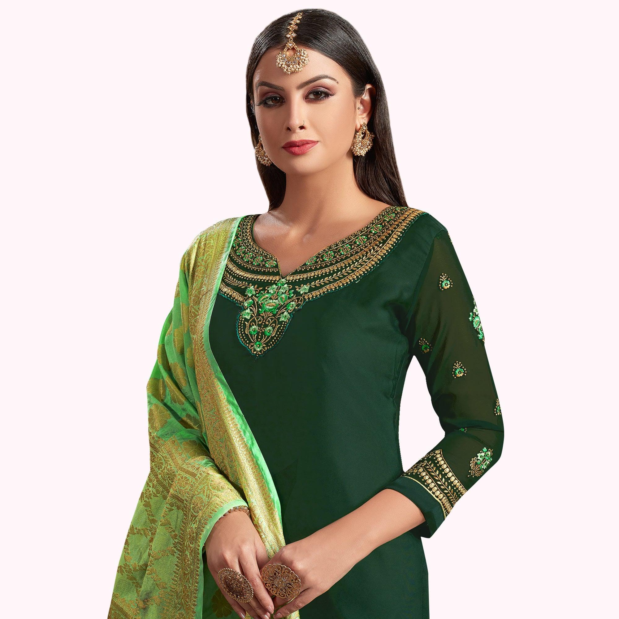 Flirty Green Colored Partywear Embroidered Georgette Palazzo Suit - Peachmode