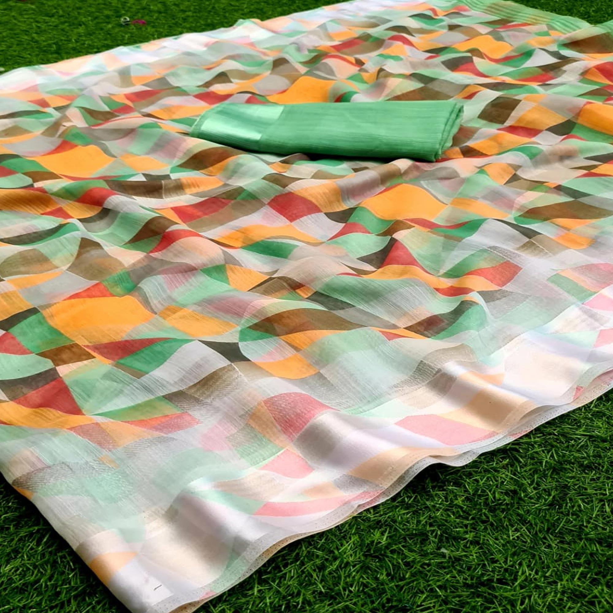 Flirty Green - Multi Colored Festive Wear Woven Moss Georgette Saree - Peachmode