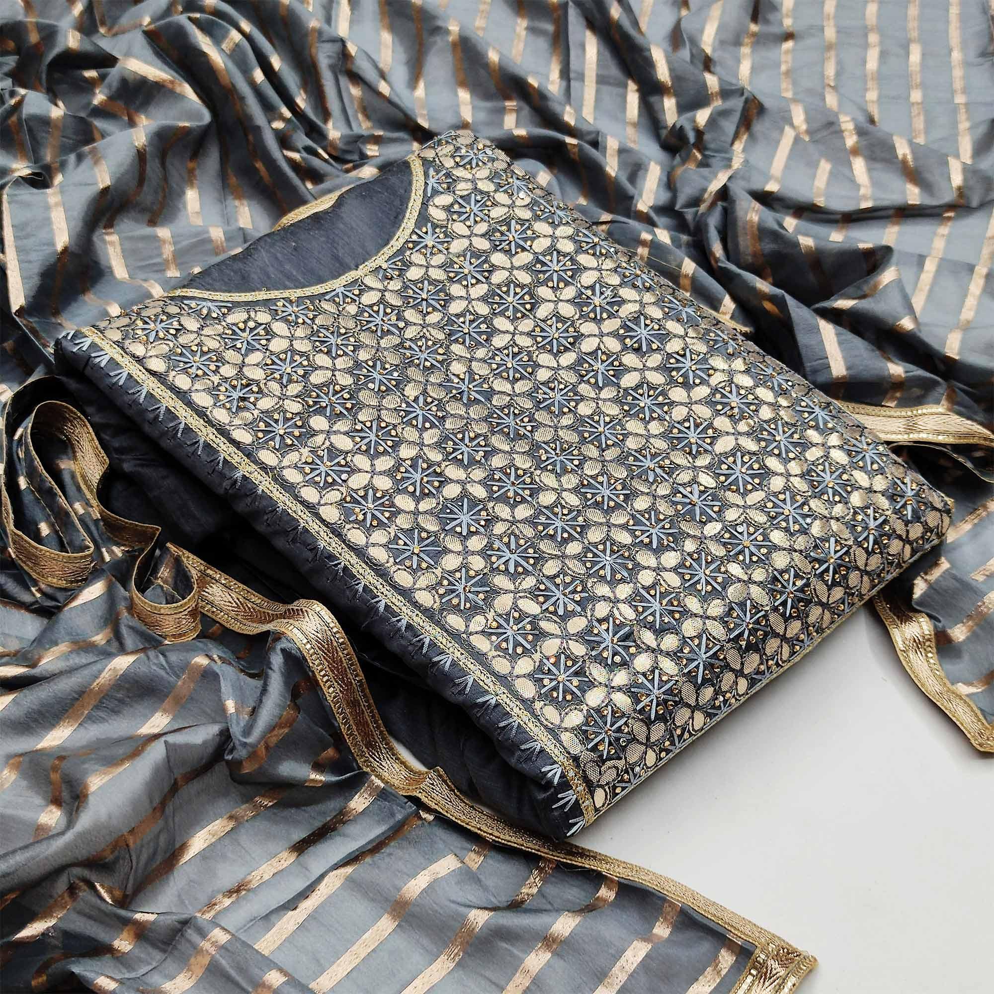 Flirty Grey Colored Festive Wear Embroidered Heavy Modal Silk Dress Material - Peachmode