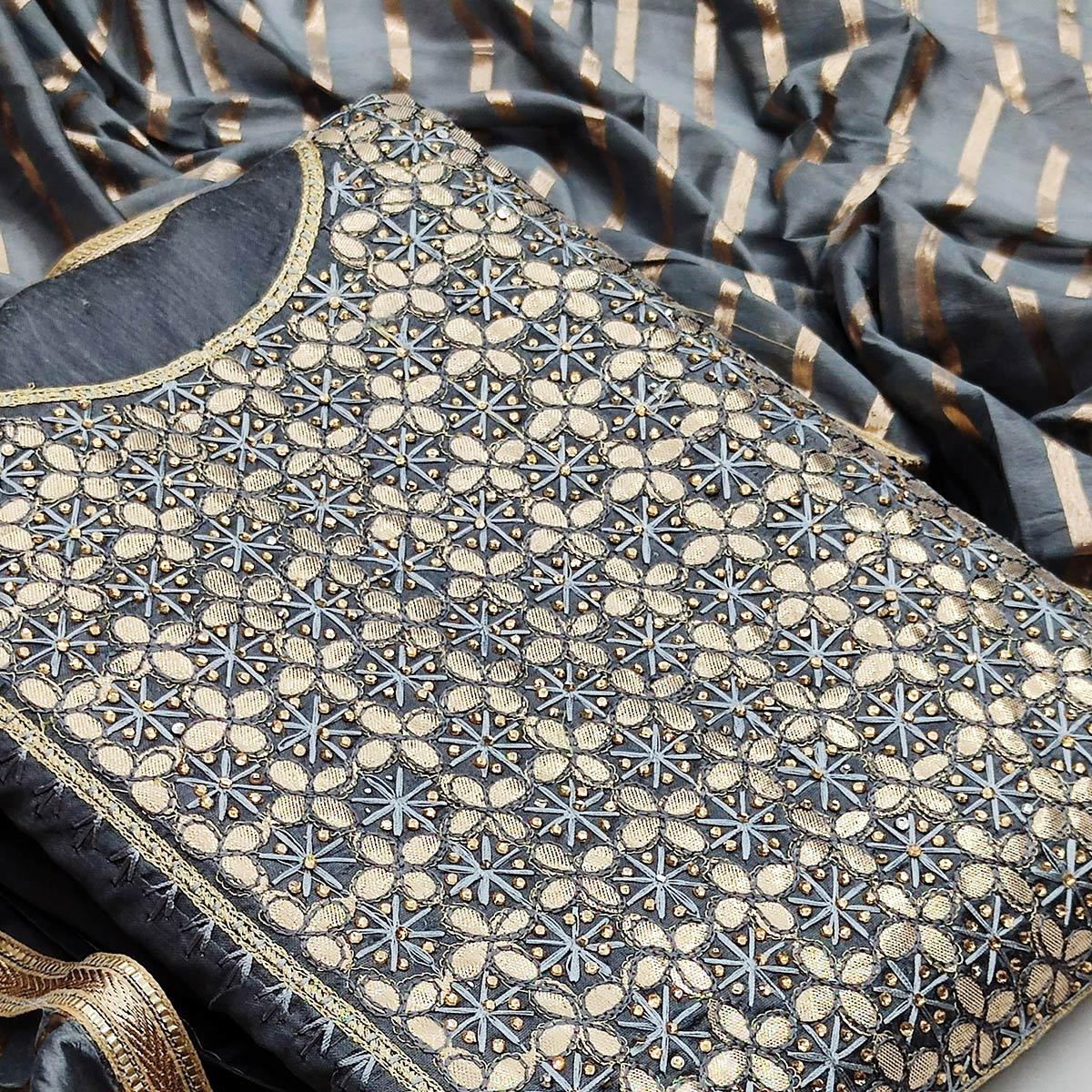 Flirty Grey Colored Festive Wear Embroidered Heavy Modal Silk Dress Material - Peachmode