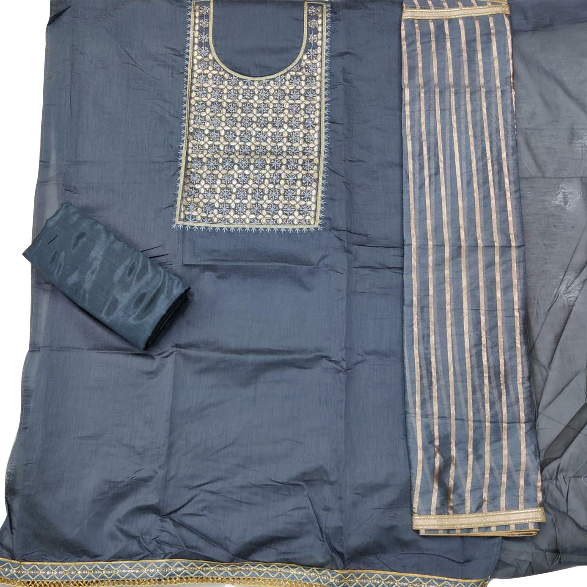 Flirty Grey Colored Festive Wear Embroidered Heavy Modal Silk Dress Material - Peachmode