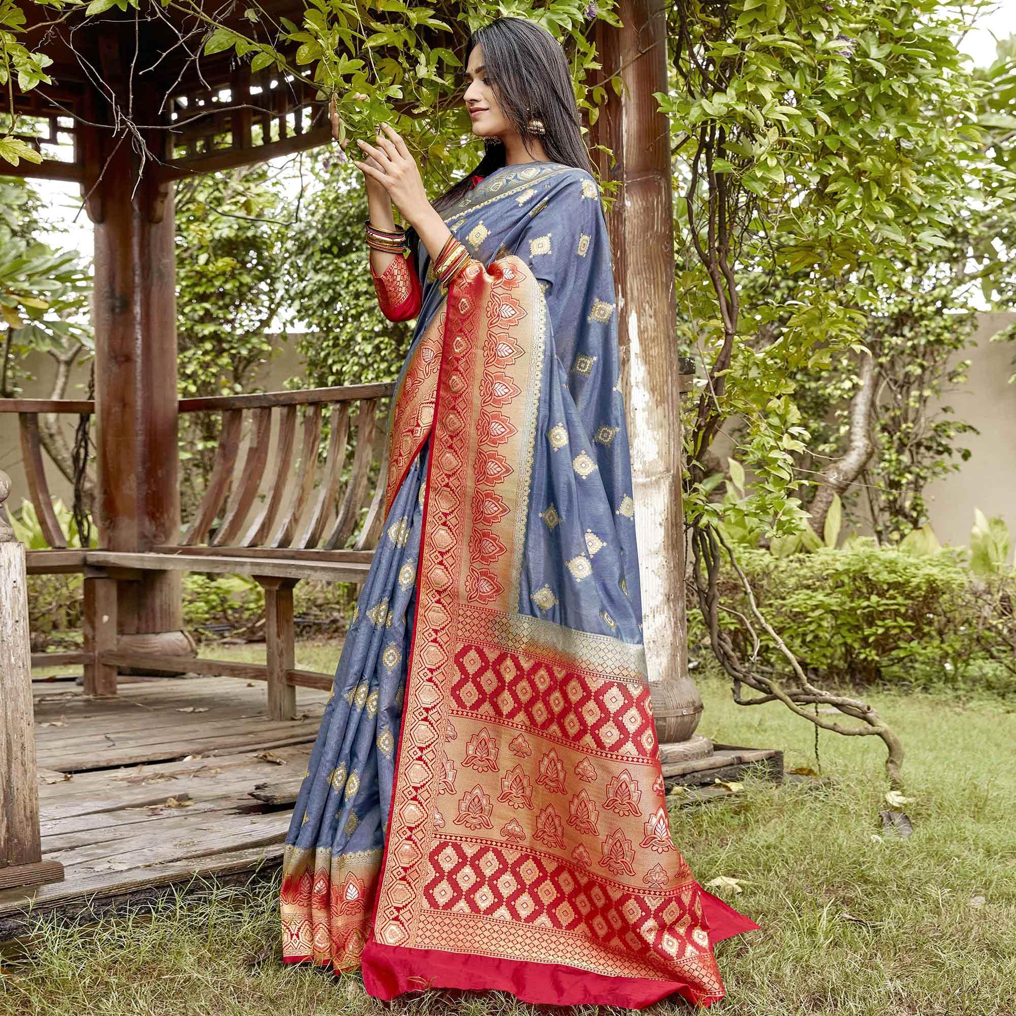 Flirty Grey Colored Festive Wear Woven Banarasi Silk Saree - Peachmode