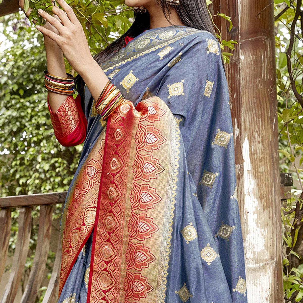 Flirty Grey Colored Festive Wear Woven Banarasi Silk Saree - Peachmode