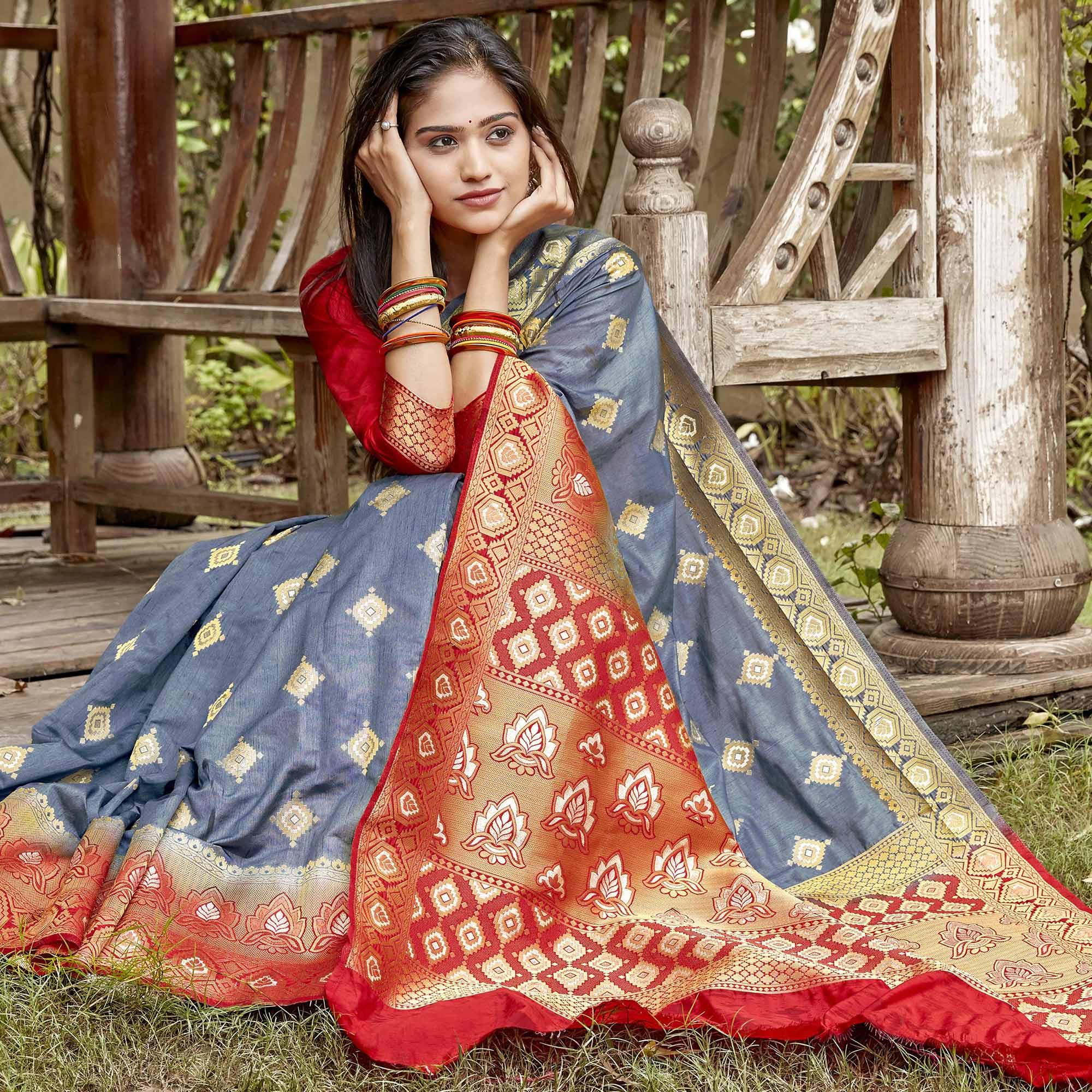 Flirty Grey Colored Festive Wear Woven Banarasi Silk Saree - Peachmode