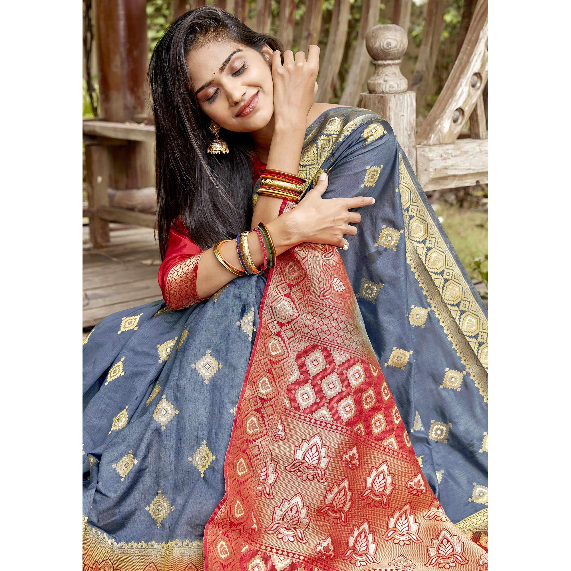 Flirty Grey Colored Festive Wear Woven Banarasi Silk Saree - Peachmode