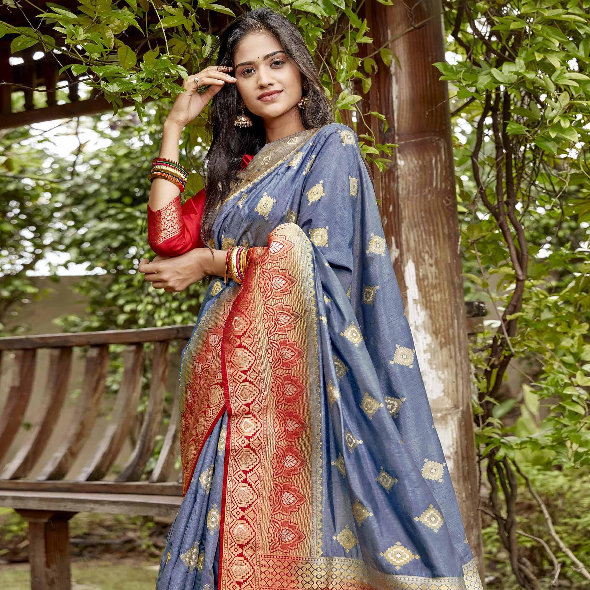 Flirty Grey Colored Festive Wear Woven Banarasi Silk Saree - Peachmode