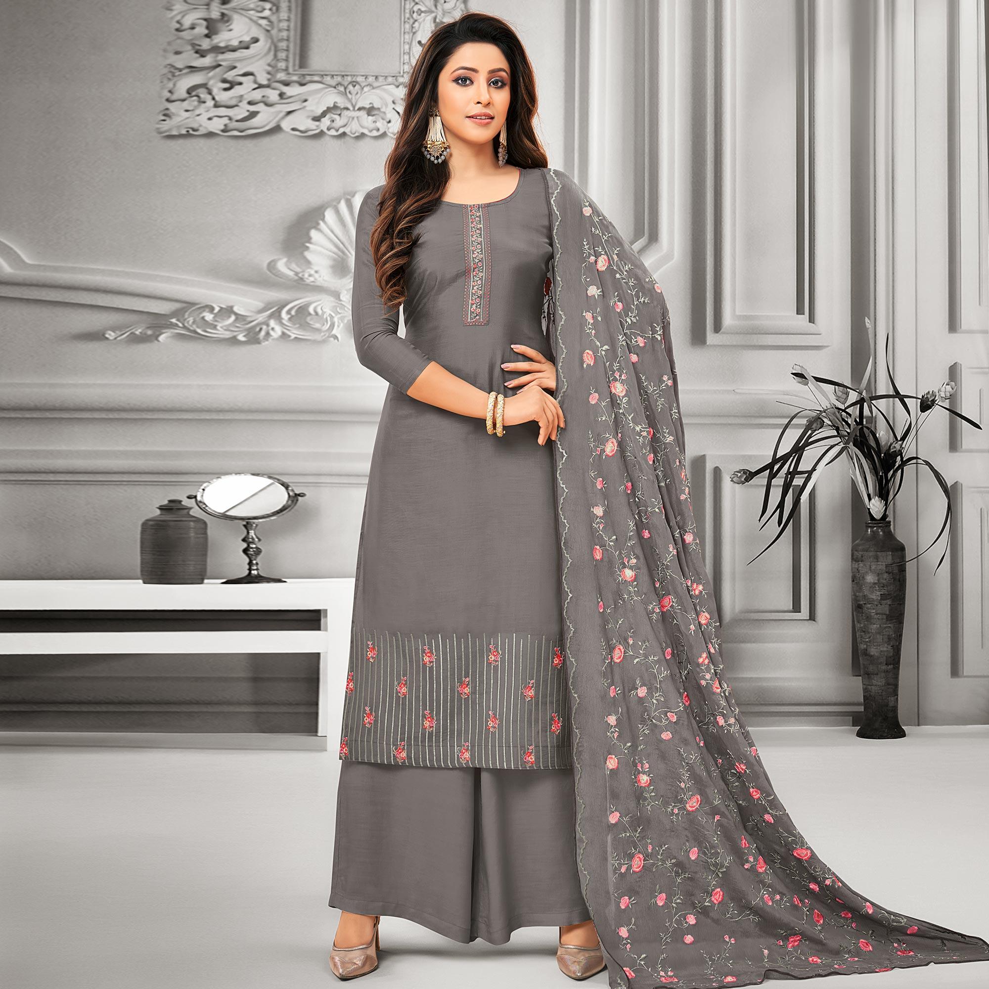 Flirty Grey Colored Party Wear Embroidered Cotton Silk Palazzo Suit - Peachmode