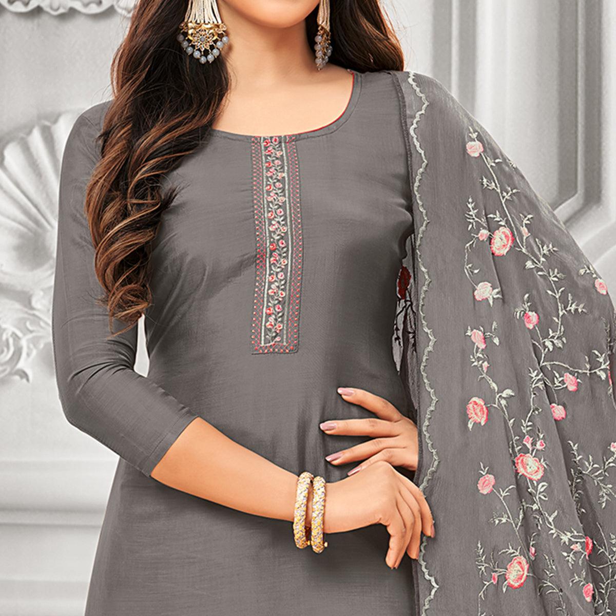 Flirty Grey Colored Party Wear Embroidered Cotton Silk Palazzo Suit - Peachmode