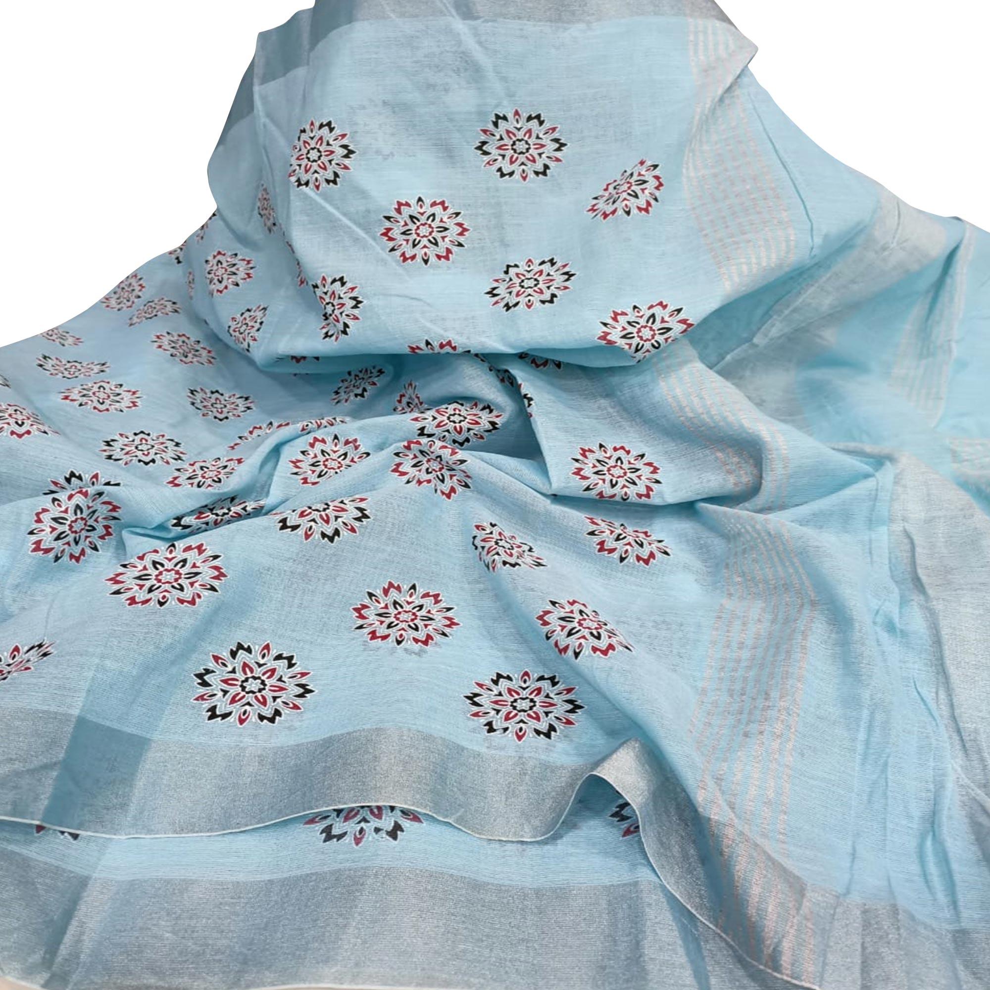Flirty Light Blue Colored Partywear Block Printed Pure Linen Saree - Peachmode