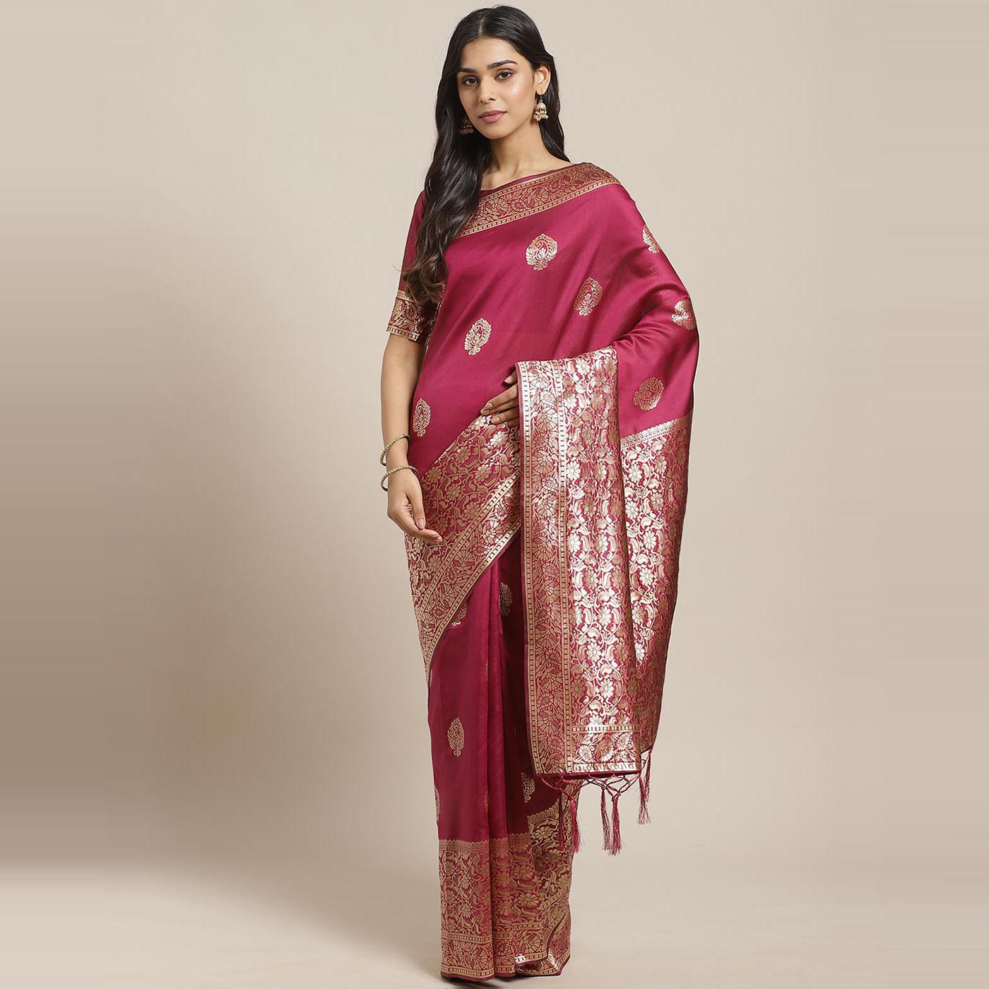 Flirty Magenta Colored Festive Wear Woven Silk Blend Saree - Peachmode