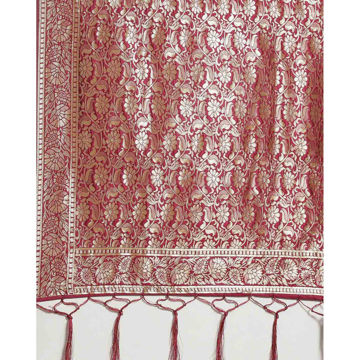 Flirty Magenta Colored Festive Wear Woven Silk Blend Saree - Peachmode