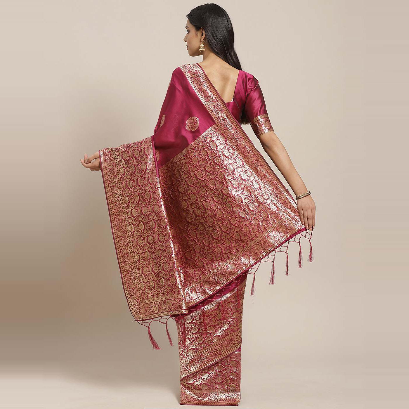 Flirty Magenta Colored Festive Wear Woven Silk Blend Saree - Peachmode