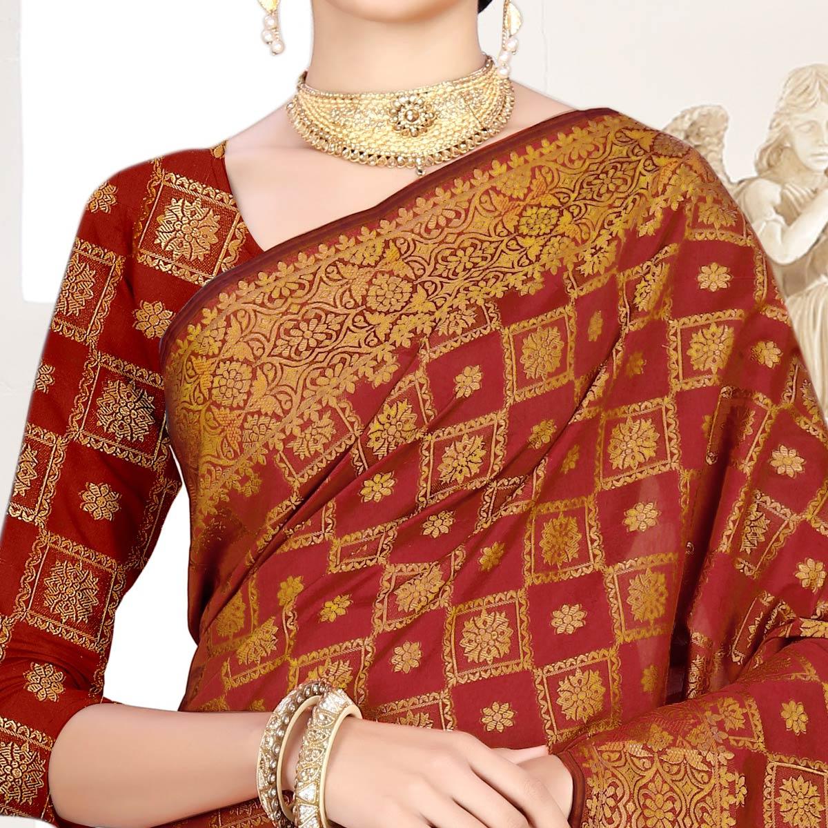 Flirty Maroon Colored Festive Wear Woven Silk Saree - Peachmode