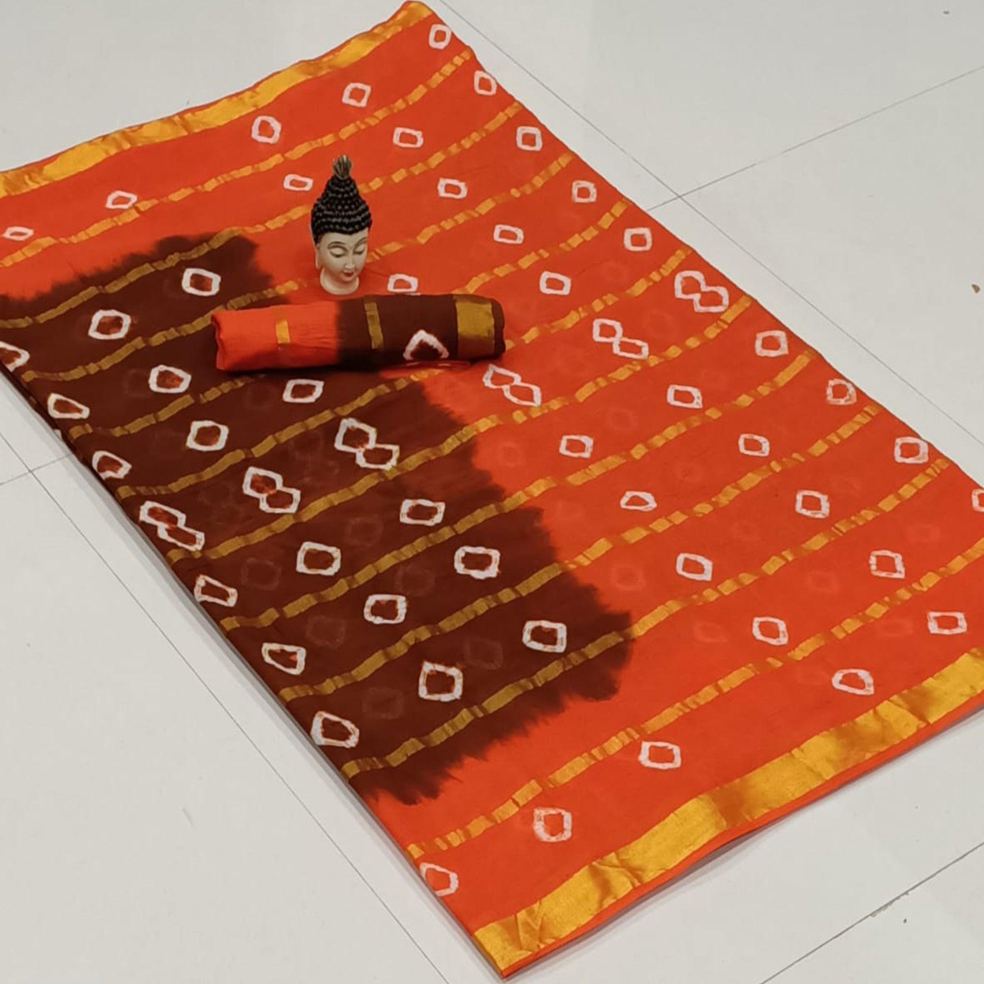 Flirty Maroon-Orange Colored Casual Wear Bandhani Print Cotton Saree - Peachmode
