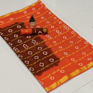 Flirty Maroon-Orange Colored Casual Wear Bandhani Print Cotton Saree - Peachmode