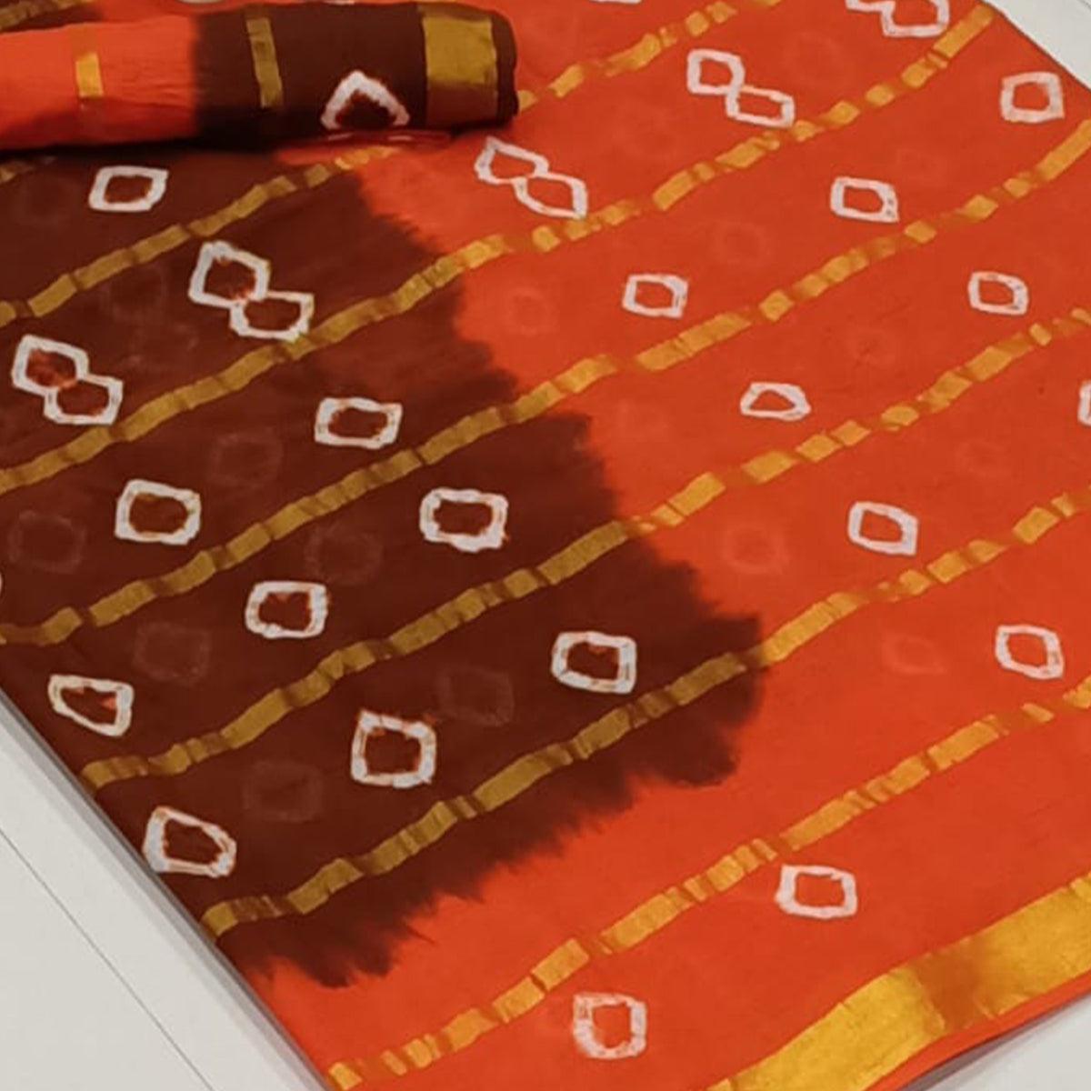Flirty Maroon-Orange Colored Casual Wear Bandhani Print Cotton Saree - Peachmode