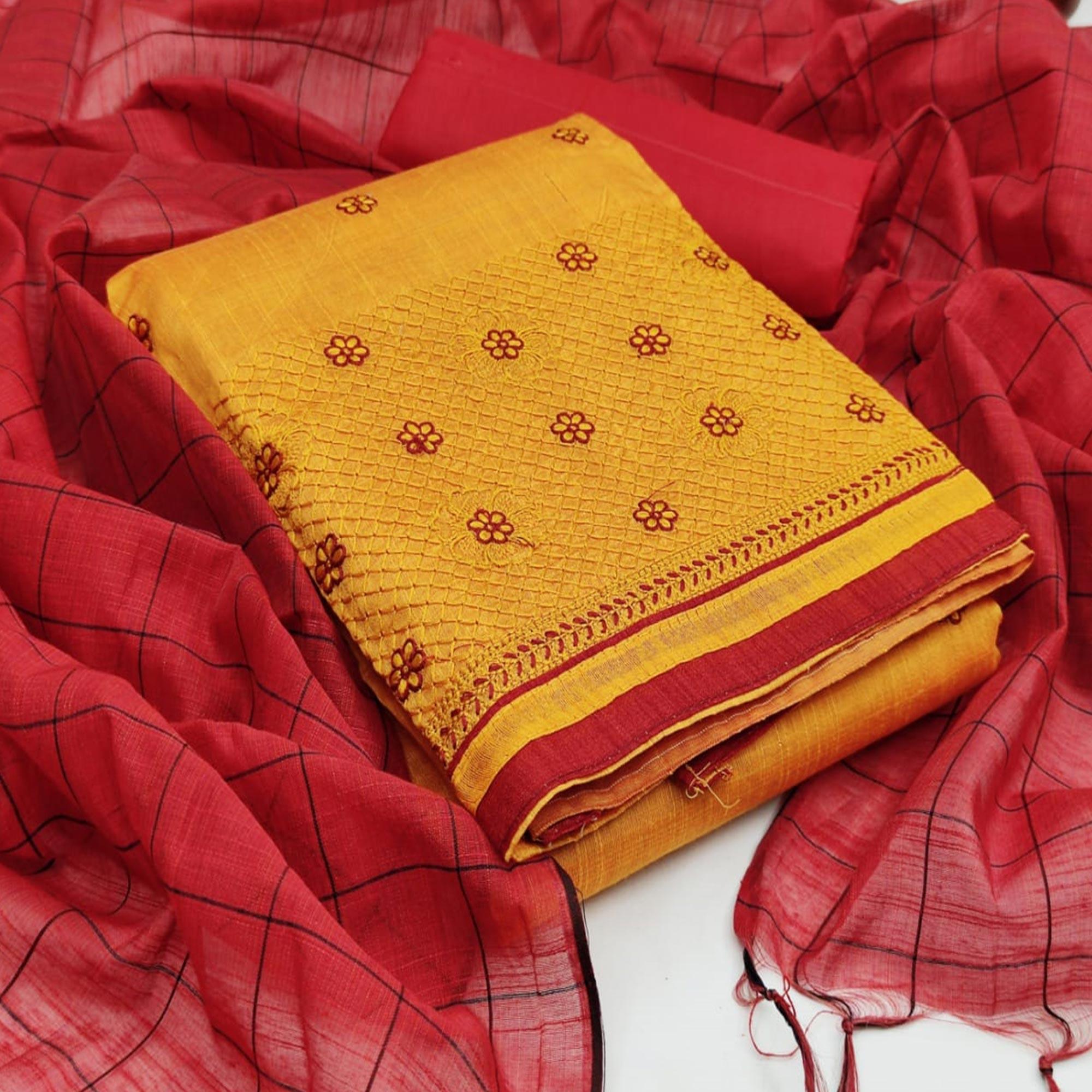 Flirty Mustard Colored Casual Wear Embroidered Banarasi Cotton Dress Material - Peachmode