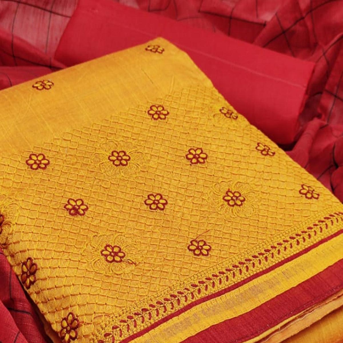 Flirty Mustard Colored Casual Wear Embroidered Banarasi Cotton Dress Material - Peachmode