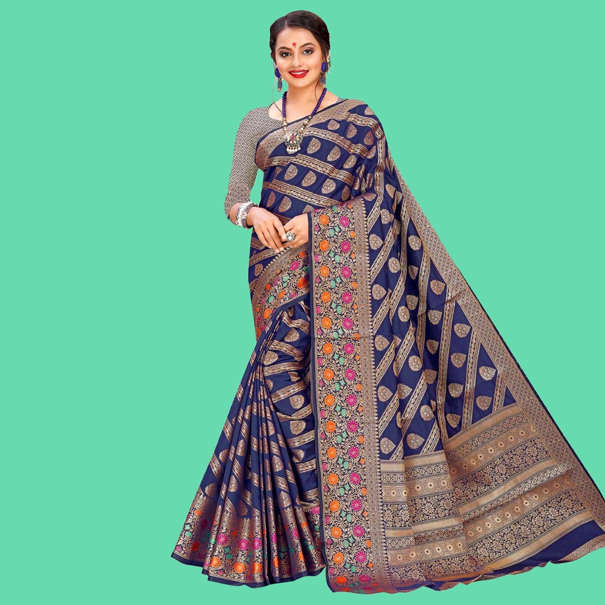 Flirty Navy Blue Colored Festive Wear Woven Banarasi Silk Saree - Peachmode