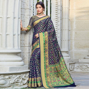 Flirty Navy Blue Colored Festive Wear Woven Patola Silk Saree - Peachmode