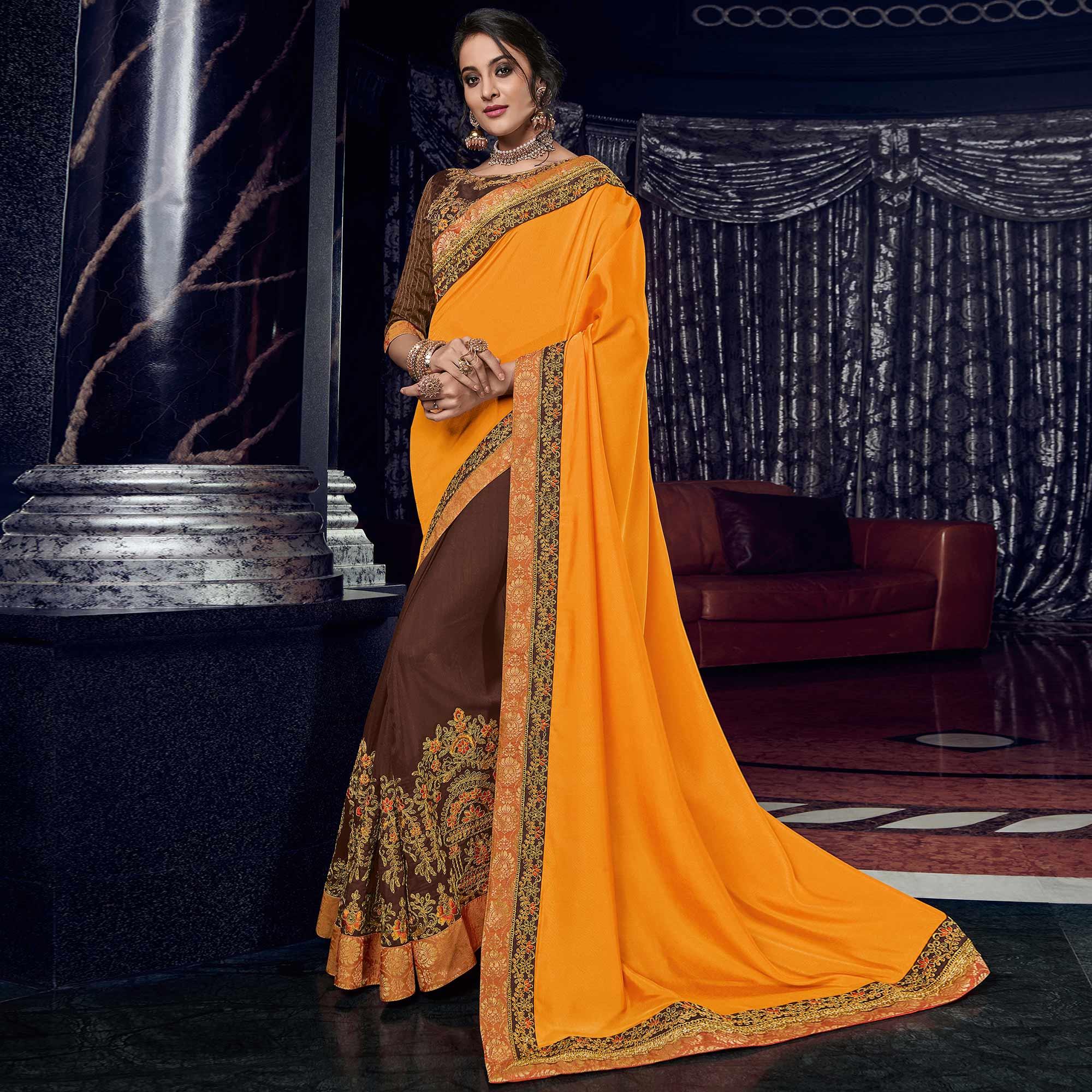Flirty Orange And Brown Colored Embroidered Party Wear Art Silk Saree - Peachmode