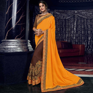 Flirty Orange And Brown Colored Embroidered Party Wear Art Silk Saree - Peachmode