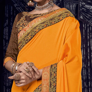 Flirty Orange And Brown Colored Embroidered Party Wear Art Silk Saree - Peachmode