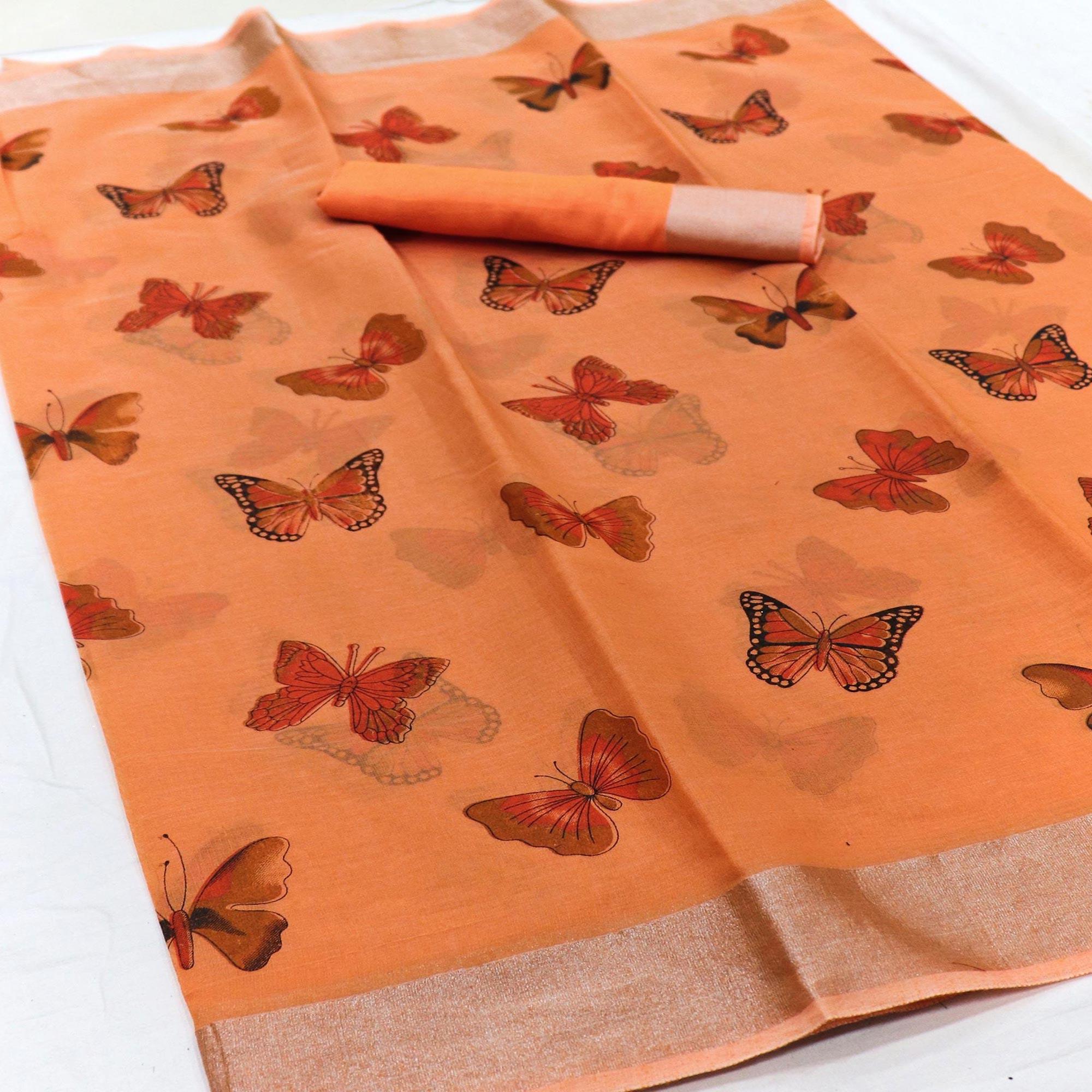 Flirty Orange Colored Casual Wear Butterfly Block Printed Cotton Linen Saree - Peachmode