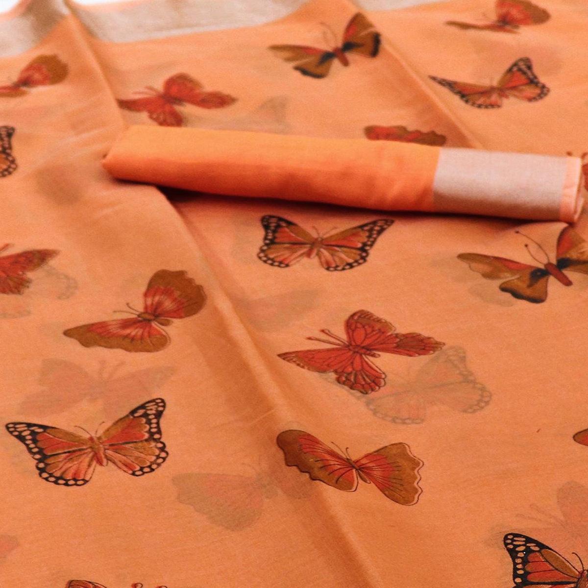 Flirty Orange Colored Casual Wear Butterfly Block Printed Cotton Linen Saree - Peachmode