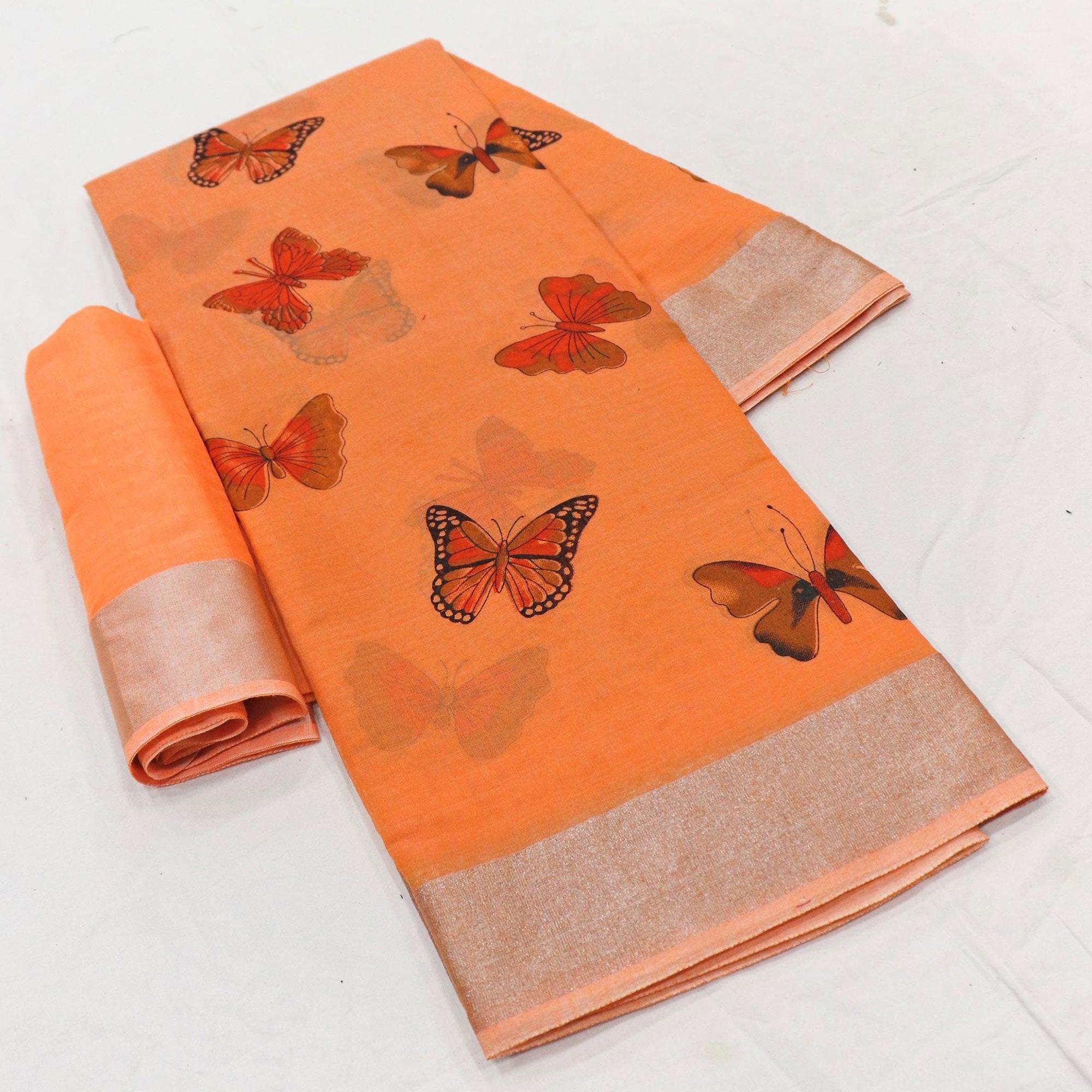 Flirty Orange Colored Casual Wear Butterfly Block Printed Cotton Linen Saree - Peachmode