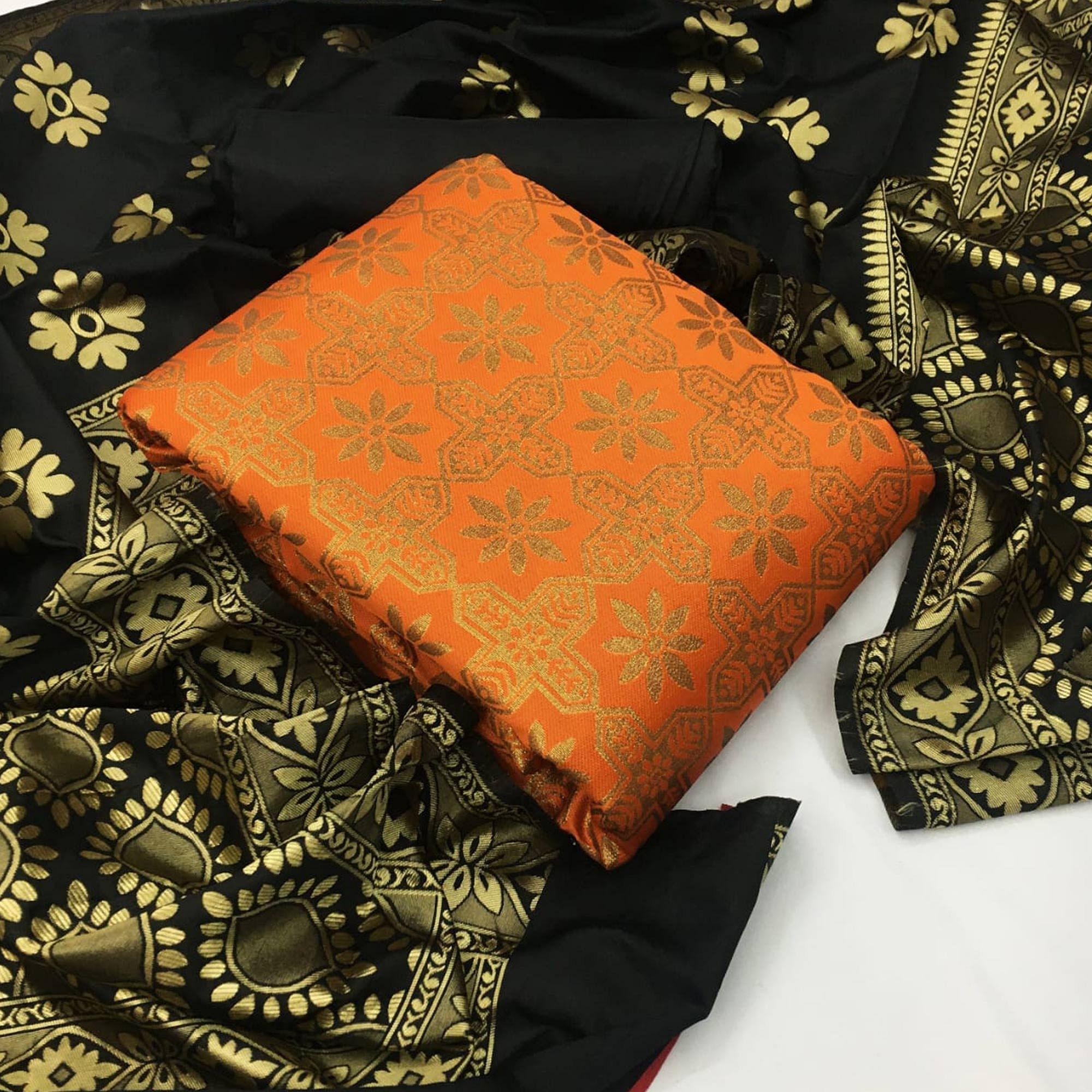 Flirty Orange Colored Casual Wear Woven Banarasi Silk Dress Material - Peachmode