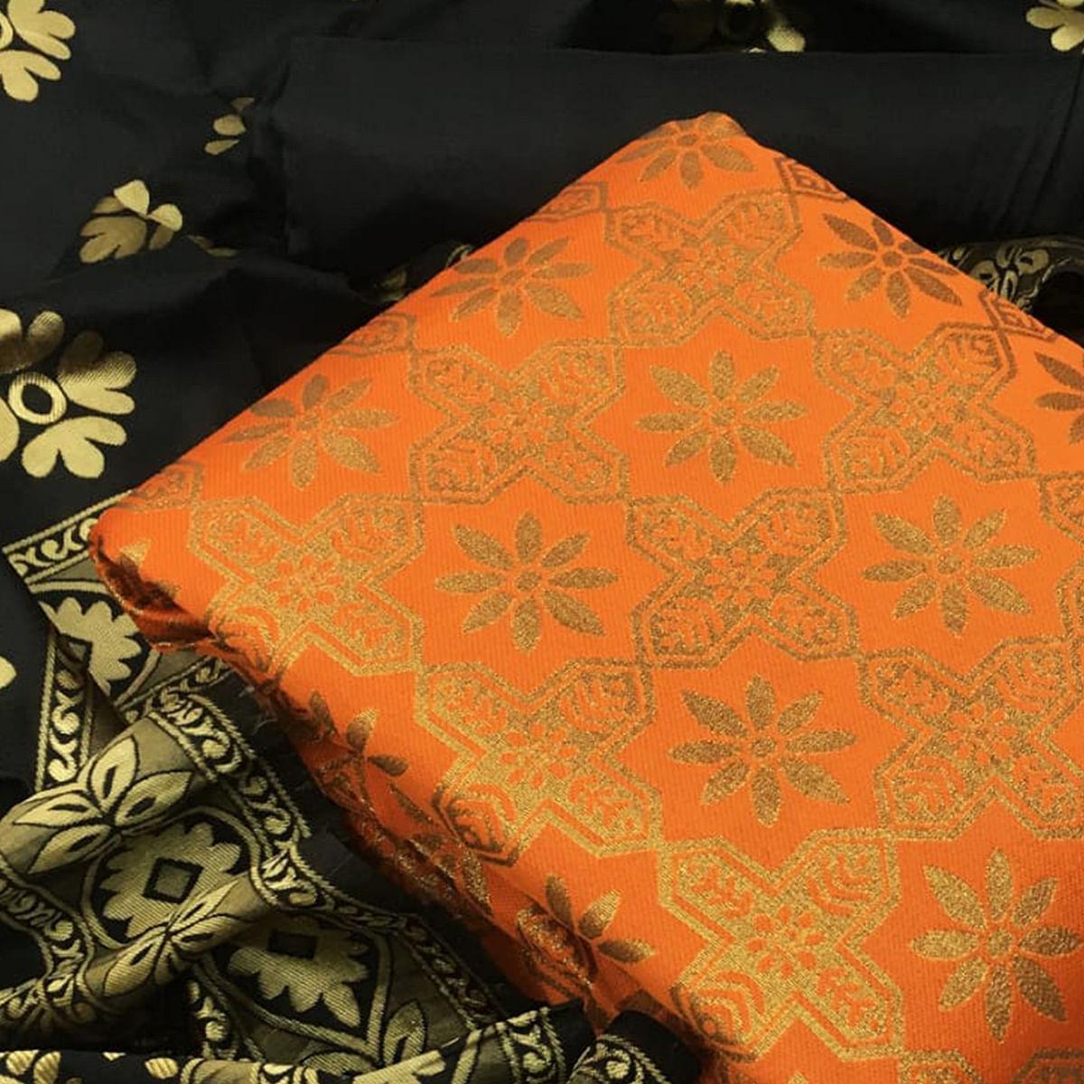 Flirty Orange Colored Casual Wear Woven Banarasi Silk Dress Material - Peachmode