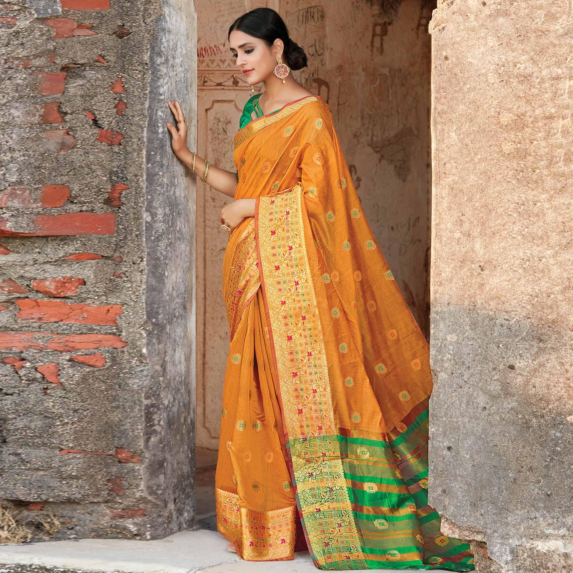 Flirty Orange Colored Festive Wear Woven Cotton Handloom Saree - Peachmode