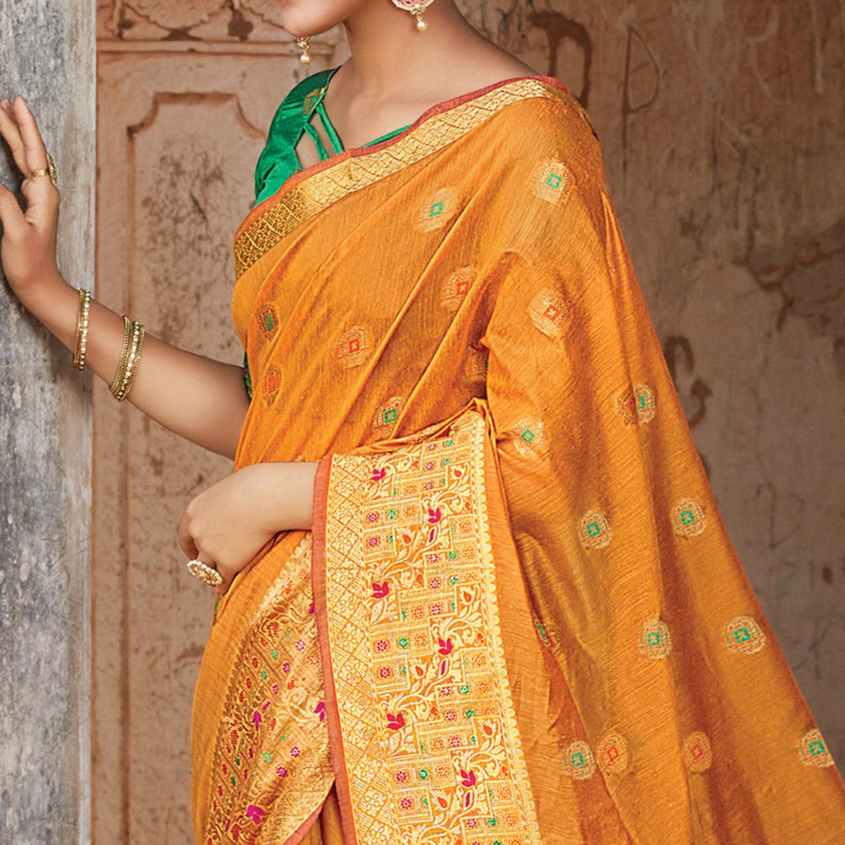 Flirty Orange Colored Festive Wear Woven Cotton Handloom Saree - Peachmode