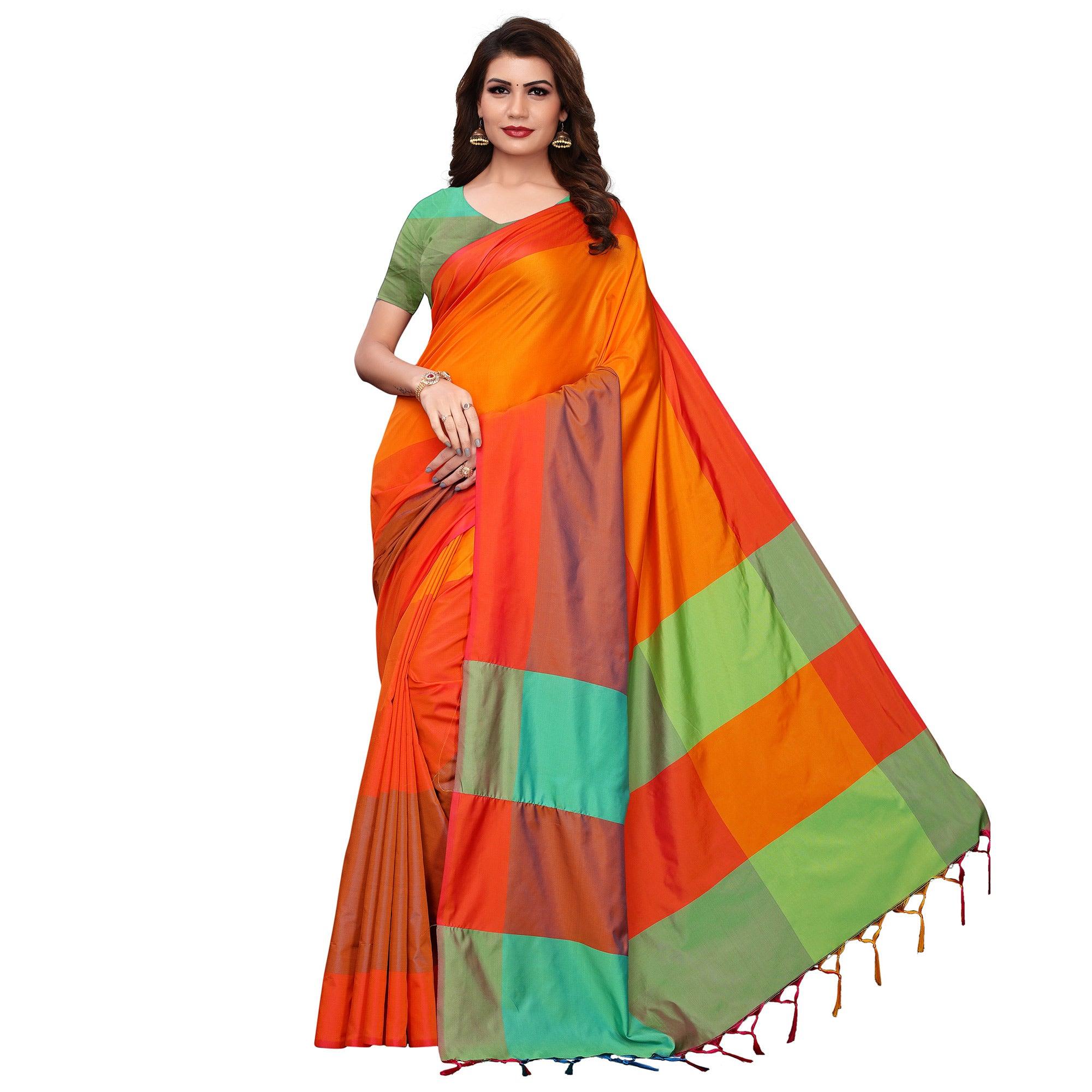 Flirty Orange-Multi Festive Wear Woven Art Silk Saree - Peachmode