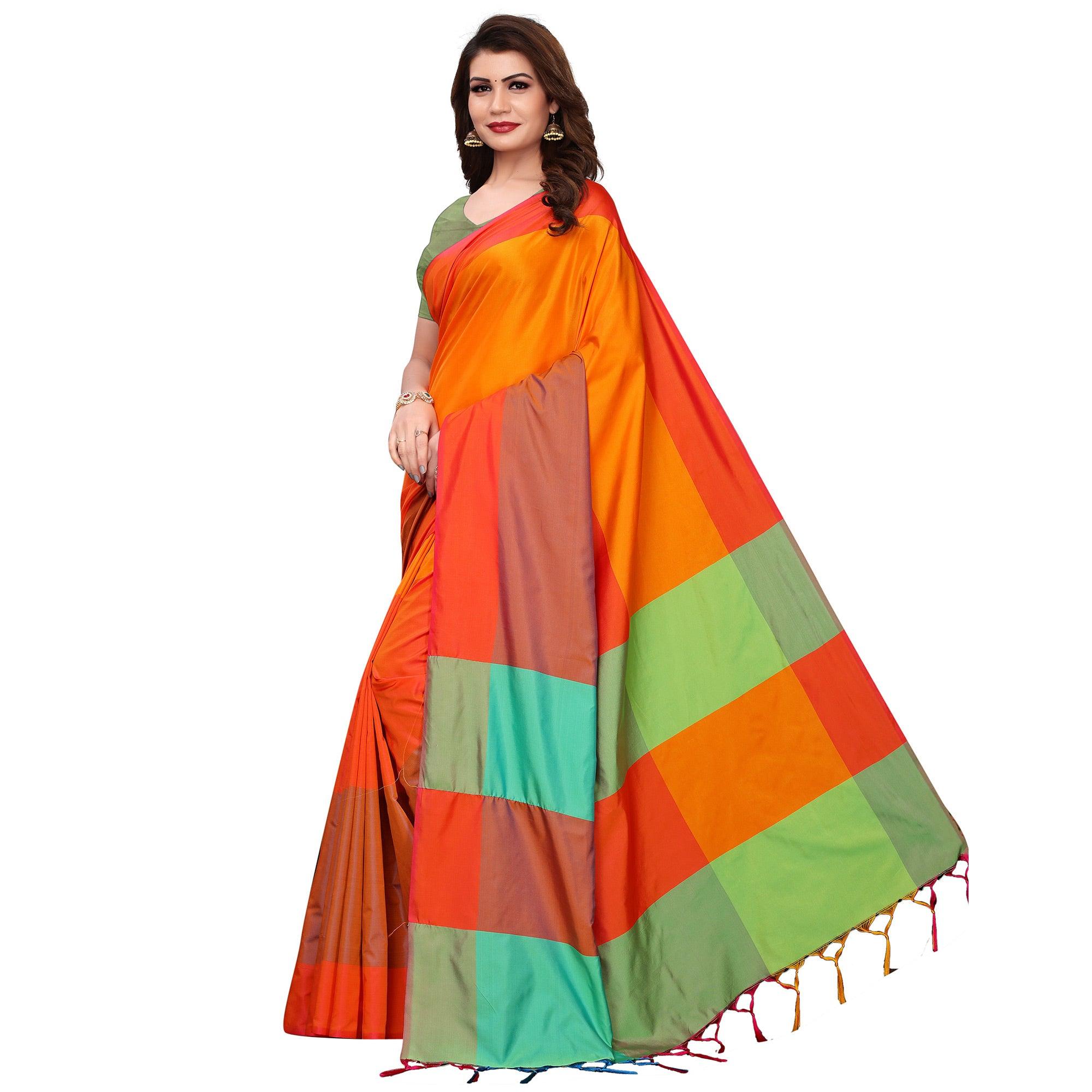 Flirty Orange-Multi Festive Wear Woven Art Silk Saree - Peachmode