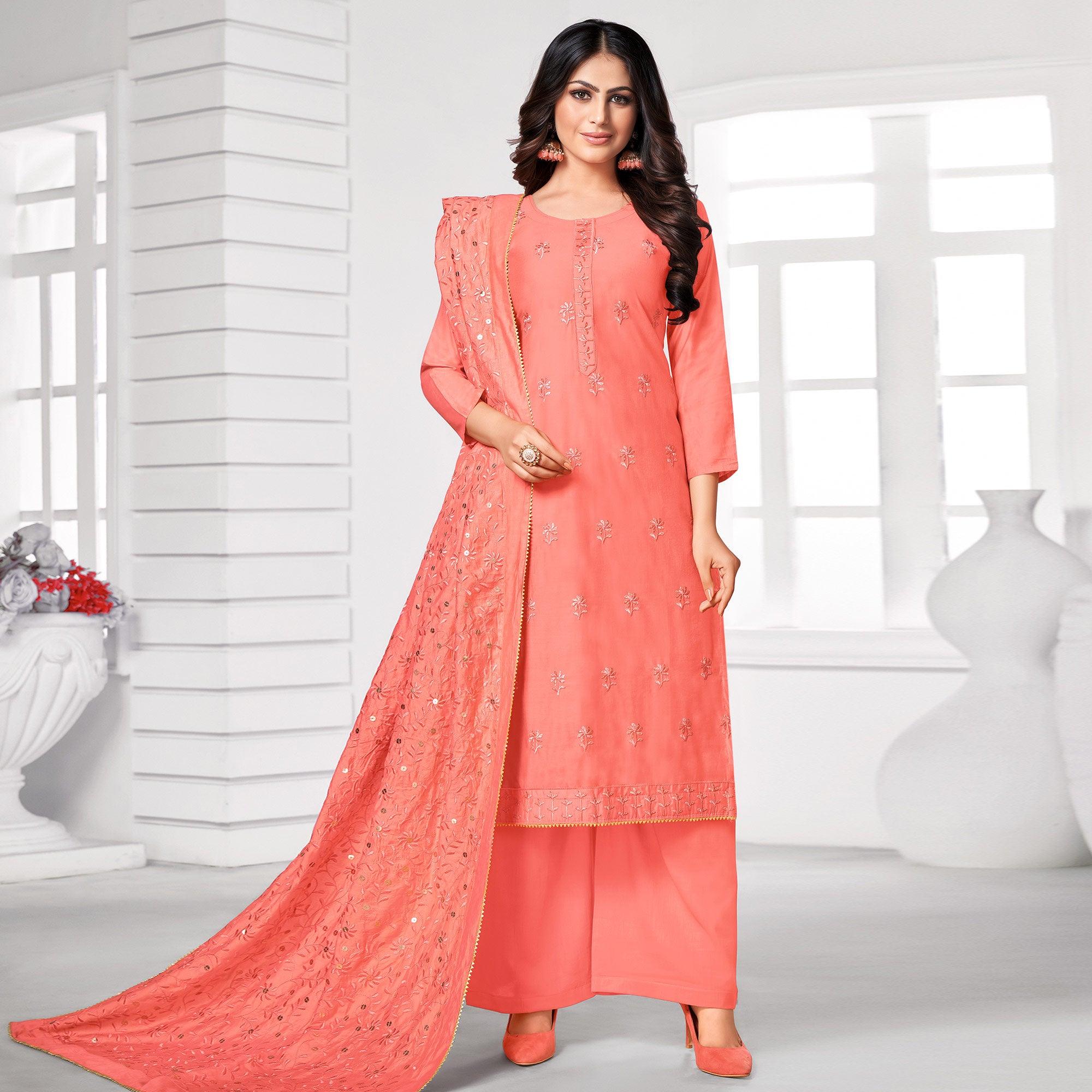 Flirty Peach Colored Partywear Embroidered Cotton Dress Material