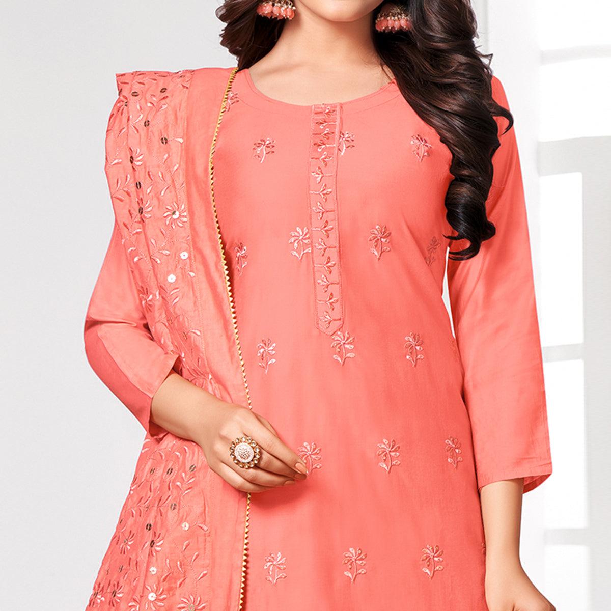 Flirty Peach Colored Partywear Embroidered Cotton Dress Material - Peachmode