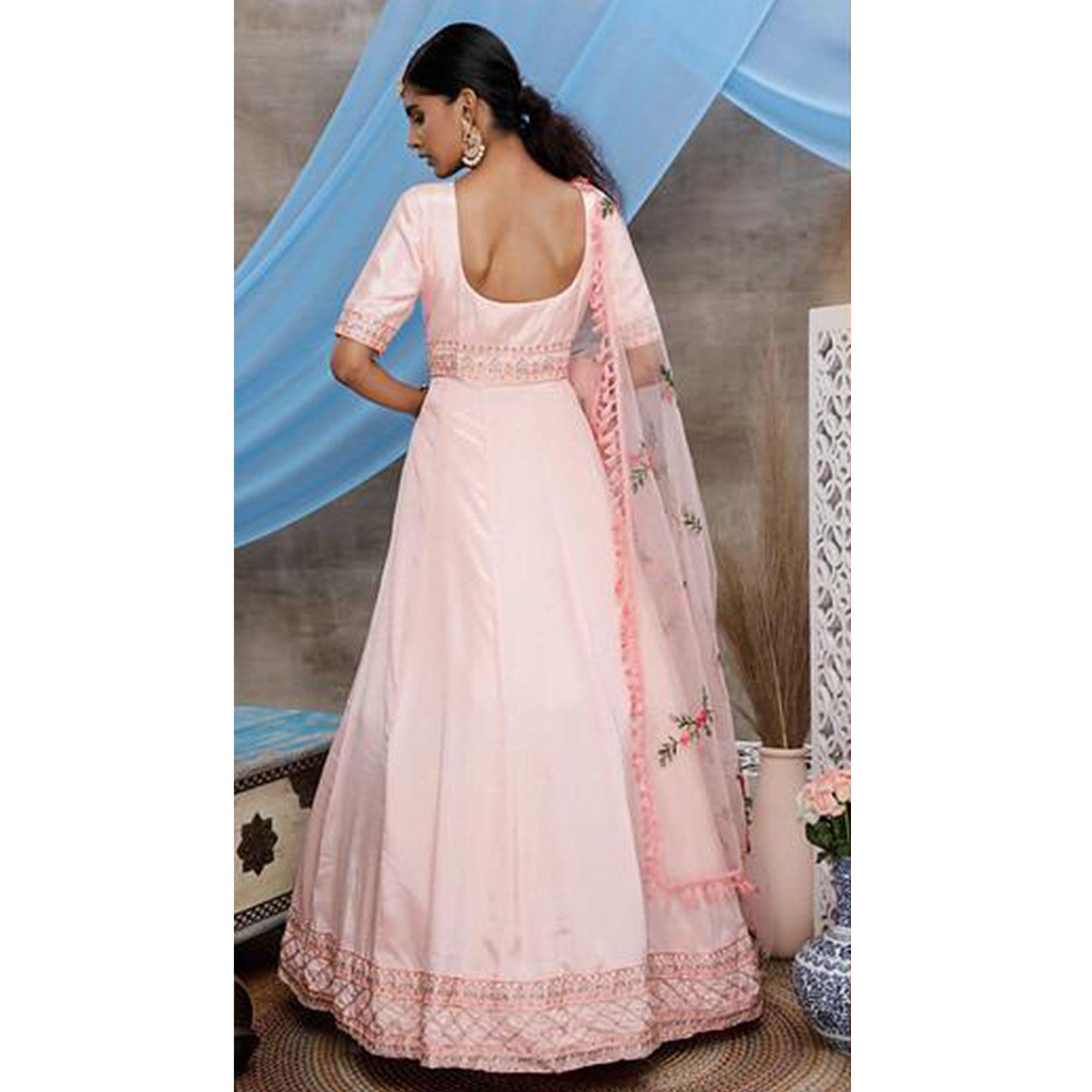 Flirty Peach Colored Partywear Embroidered Georgette Anarkali Suit - Peachmode