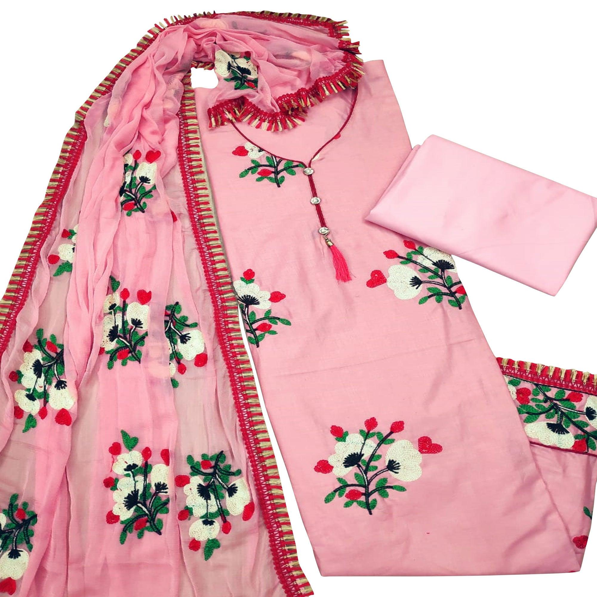 Flirty Pink Colored Casual Embroidered Cotton Dress Material - Peachmode