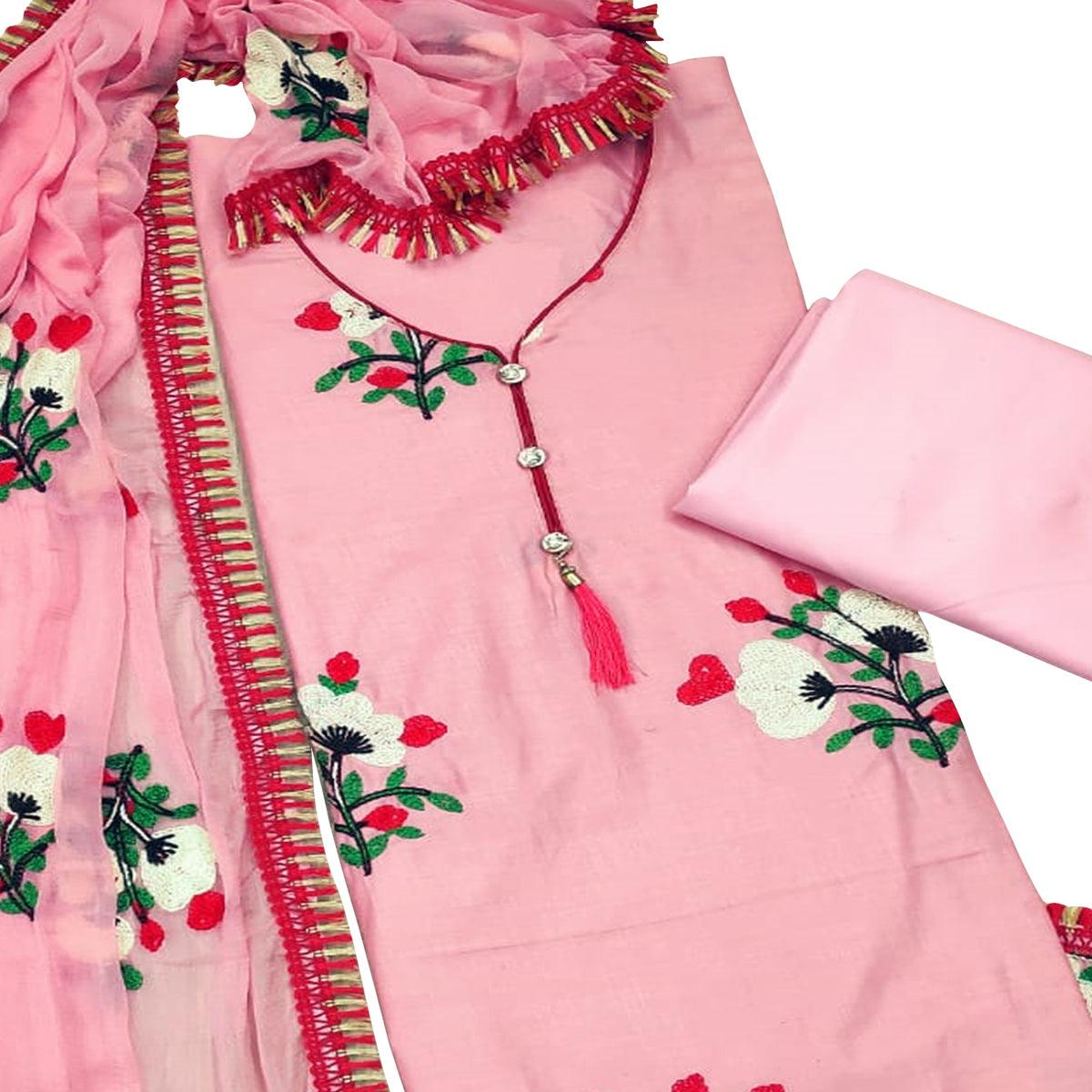 Flirty Pink Colored Casual Embroidered Cotton Dress Material - Peachmode