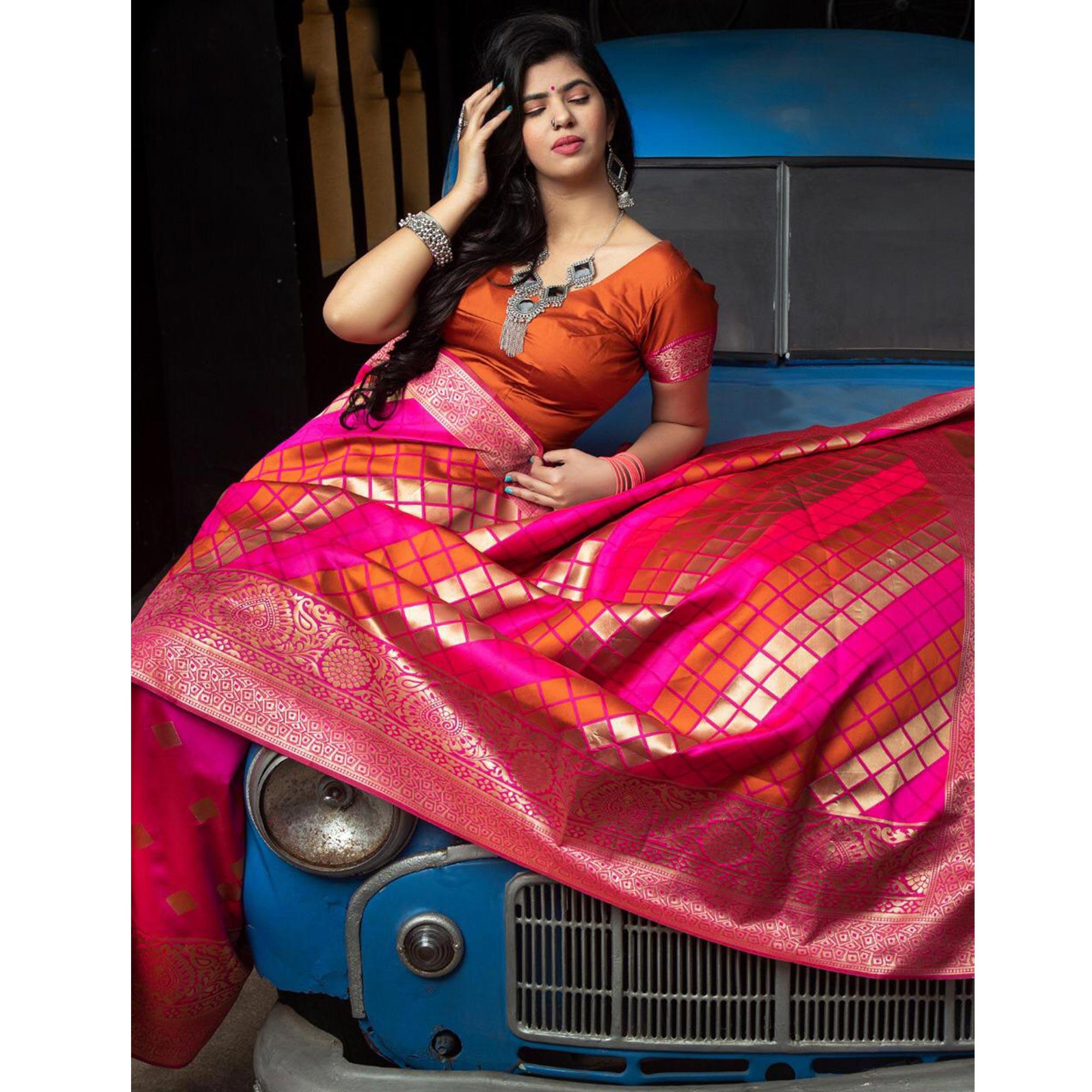 Flirty Pink Colored Festive Wear Woven Banarasi Silk Saree - Peachmode