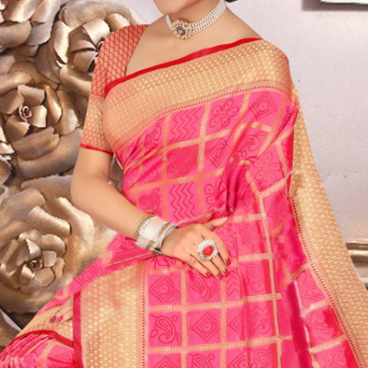 Flirty Pink Colored Festive Wear Woven Banarasi Silk Saree - Peachmode