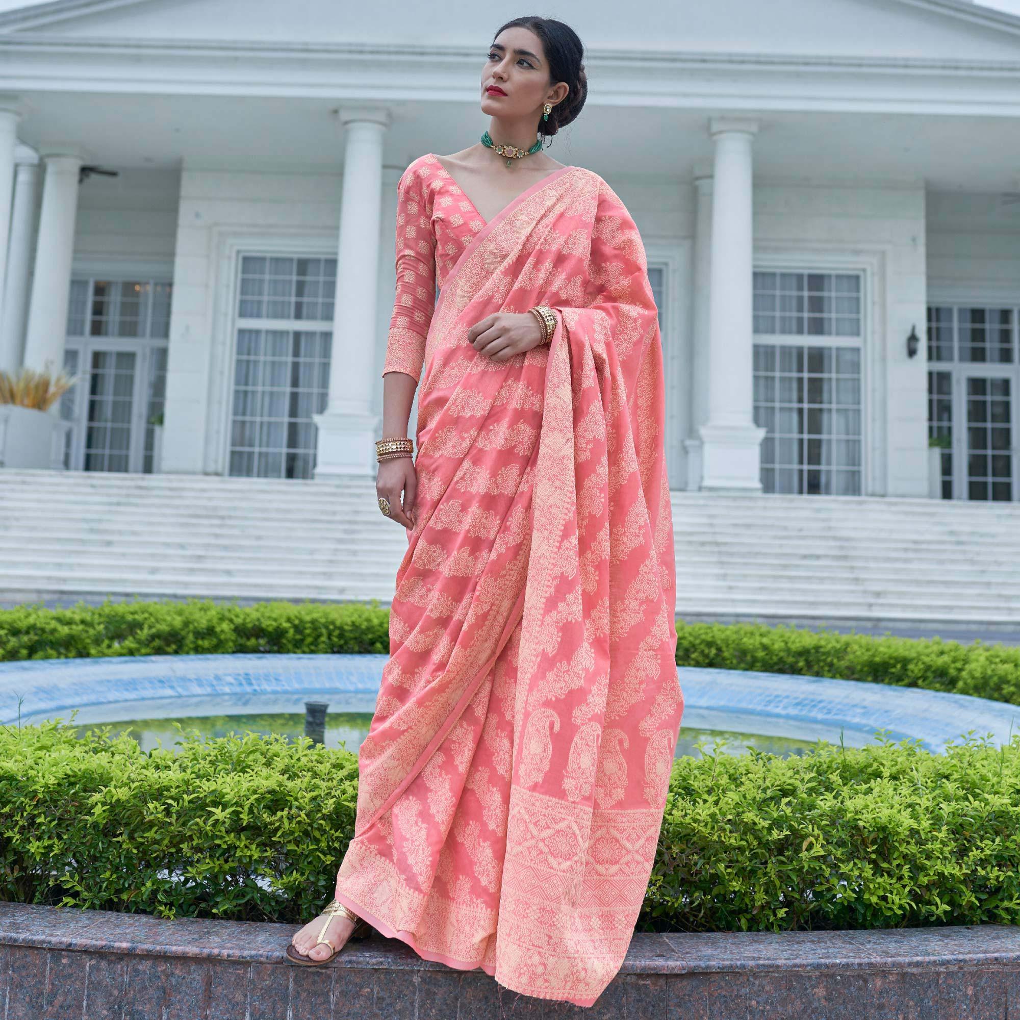 Flirty Pink Colored Festive Wear Woven Chanderi Saree - Peachmode