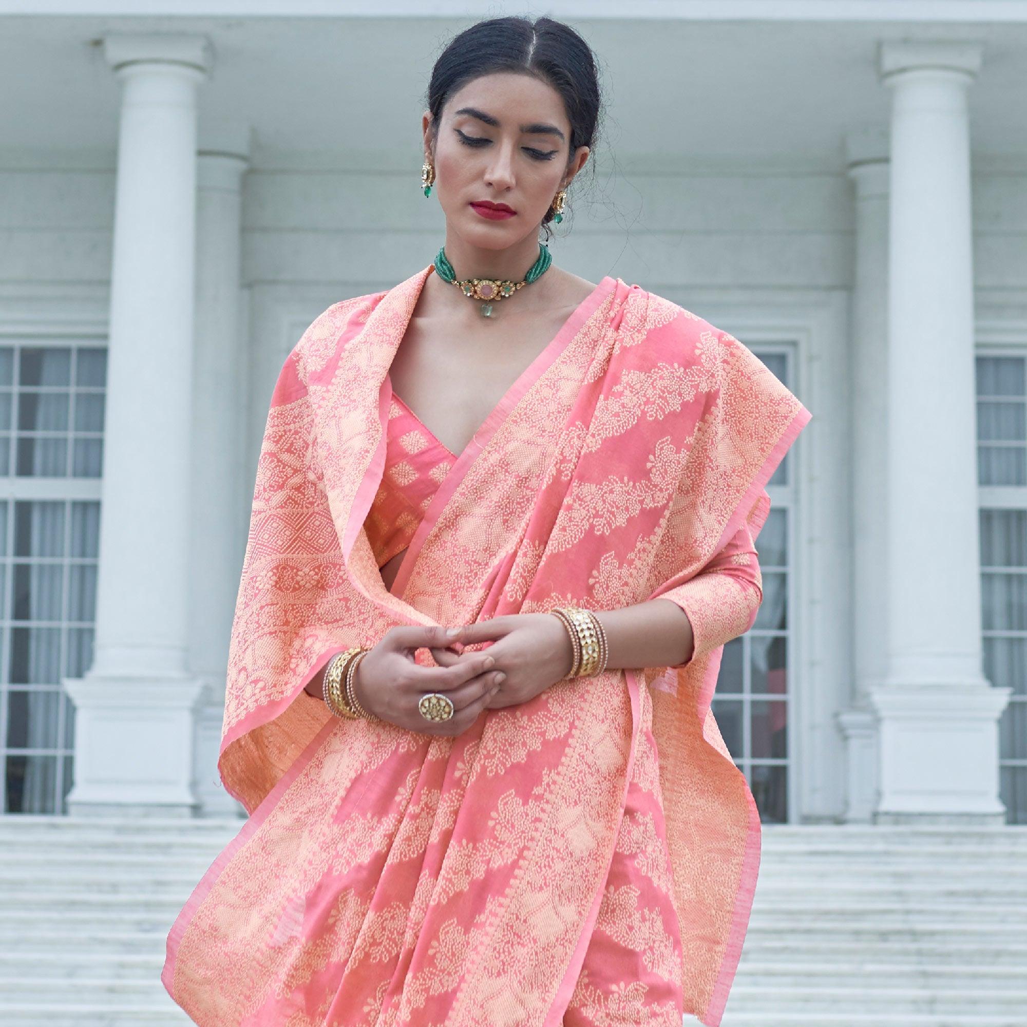 Flirty Pink Colored Festive Wear Woven Chanderi Saree - Peachmode