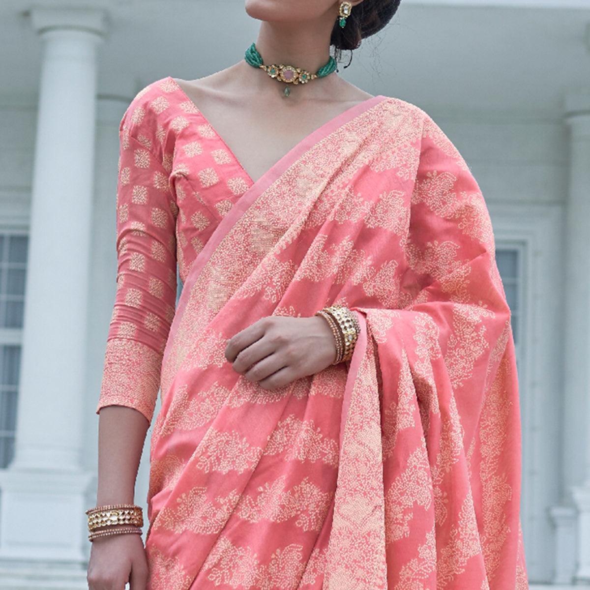 Flirty Pink Colored Festive Wear Woven Chanderi Saree - Peachmode