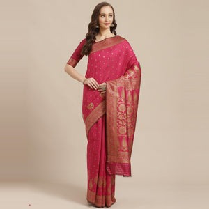 Flirty Pink Colored Festive Wear Woven Silk Blend Saree - Peachmode
