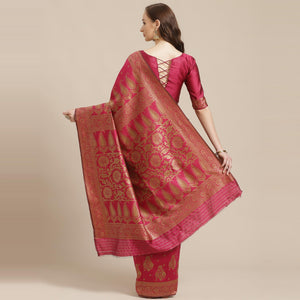 Flirty Pink Colored Festive Wear Woven Silk Blend Saree - Peachmode